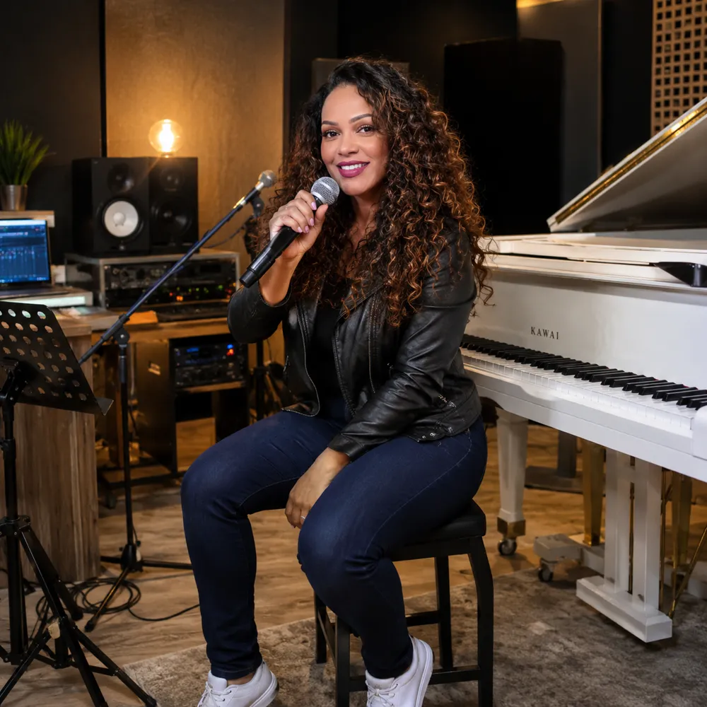 Professora Sanny em estúdio, com microfone e piano de cauda ao fundo