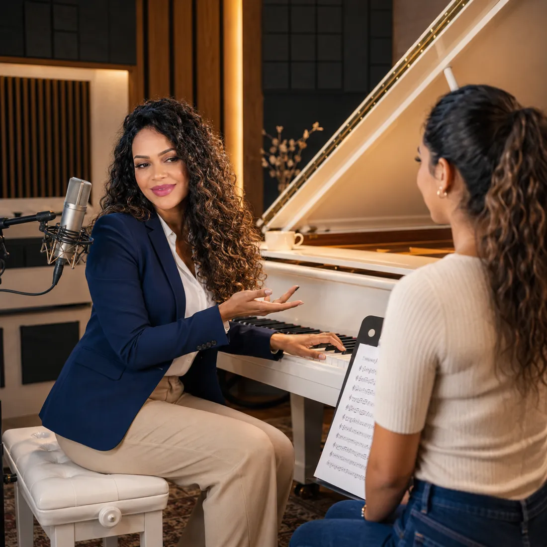 Professora Sanny orientando uma aluna ao piano de cauda
