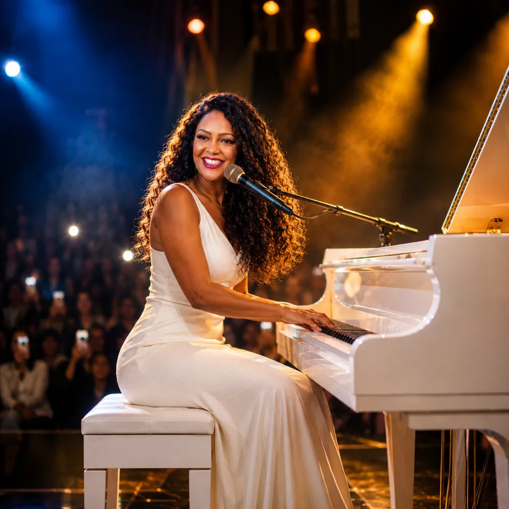 Sanny se apresentando ao vivo, ao piano